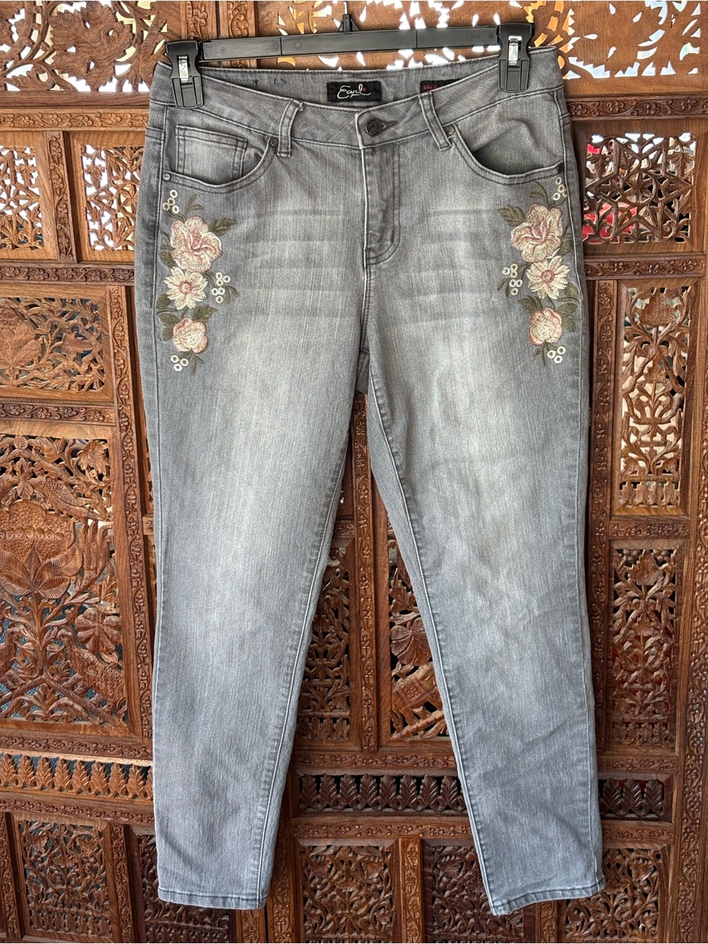 Earl Jeans Grey Skinny Jeans with Pink Floral Embroidery
